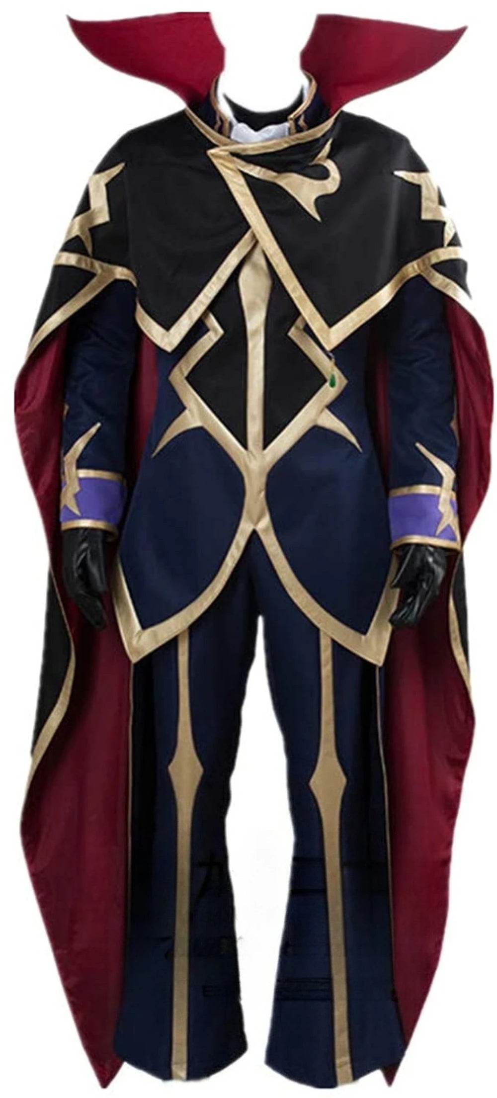Cosplay uniform with black bodice, gold trim, maroon cape wings, and blue pants-style legs