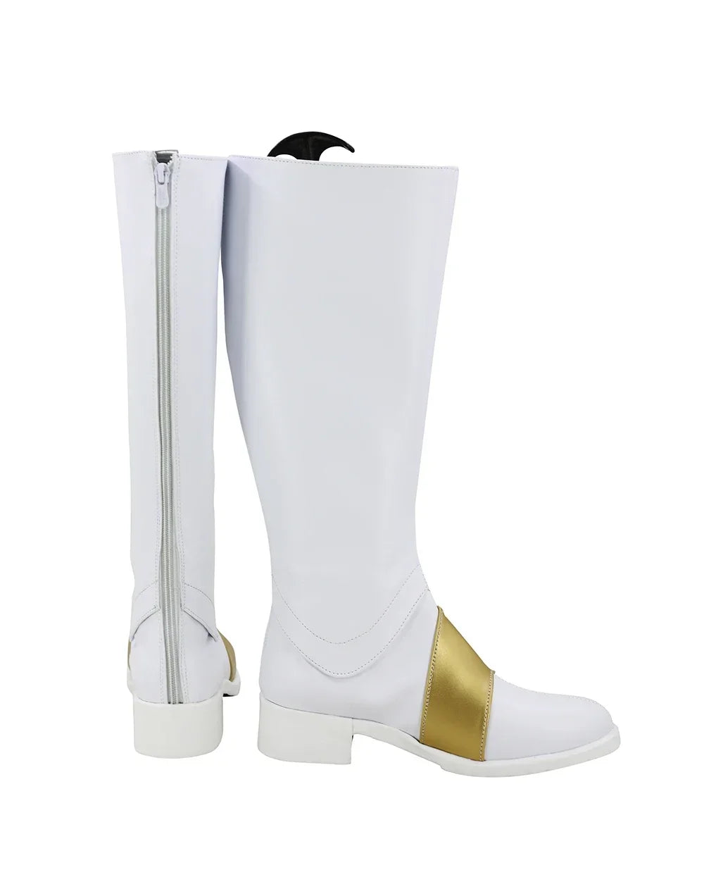 White tall boots with side zipper seam and gold ankle panel, cushioned sole