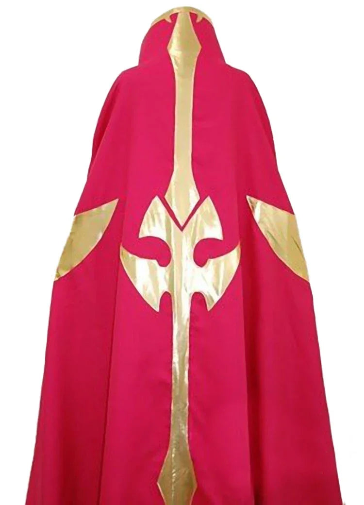 Pink hooded cape back panel with gold emblem and pointed gold-trim accents