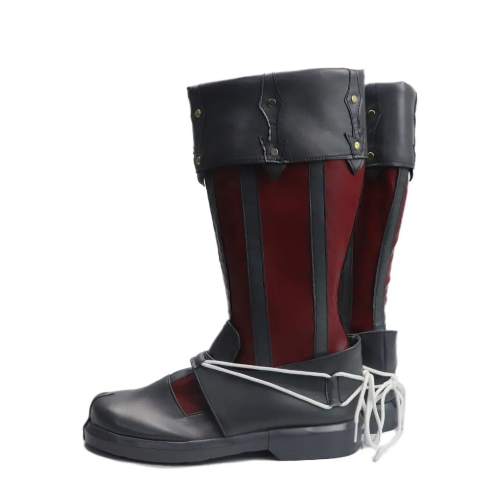 Baldur's Gate 3 Raphael Cosplay Boots Tiefling Demon Custom Made Shoes, black and red lace up boots with wide cuffs and silver eyelets