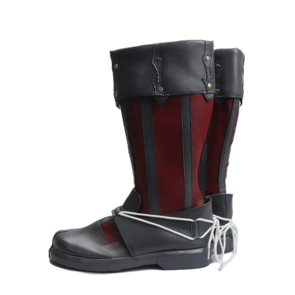 Baldur's Gate 3 Raphael Cosplay Boots Tiefling Demon Custom Made Shoes, black and red lace up boots with wide cuffs and silver eyelets