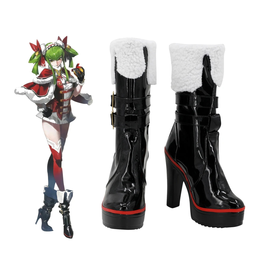 High-heel cosplay boots, glossy black with red accents and white faux-fur cuffs