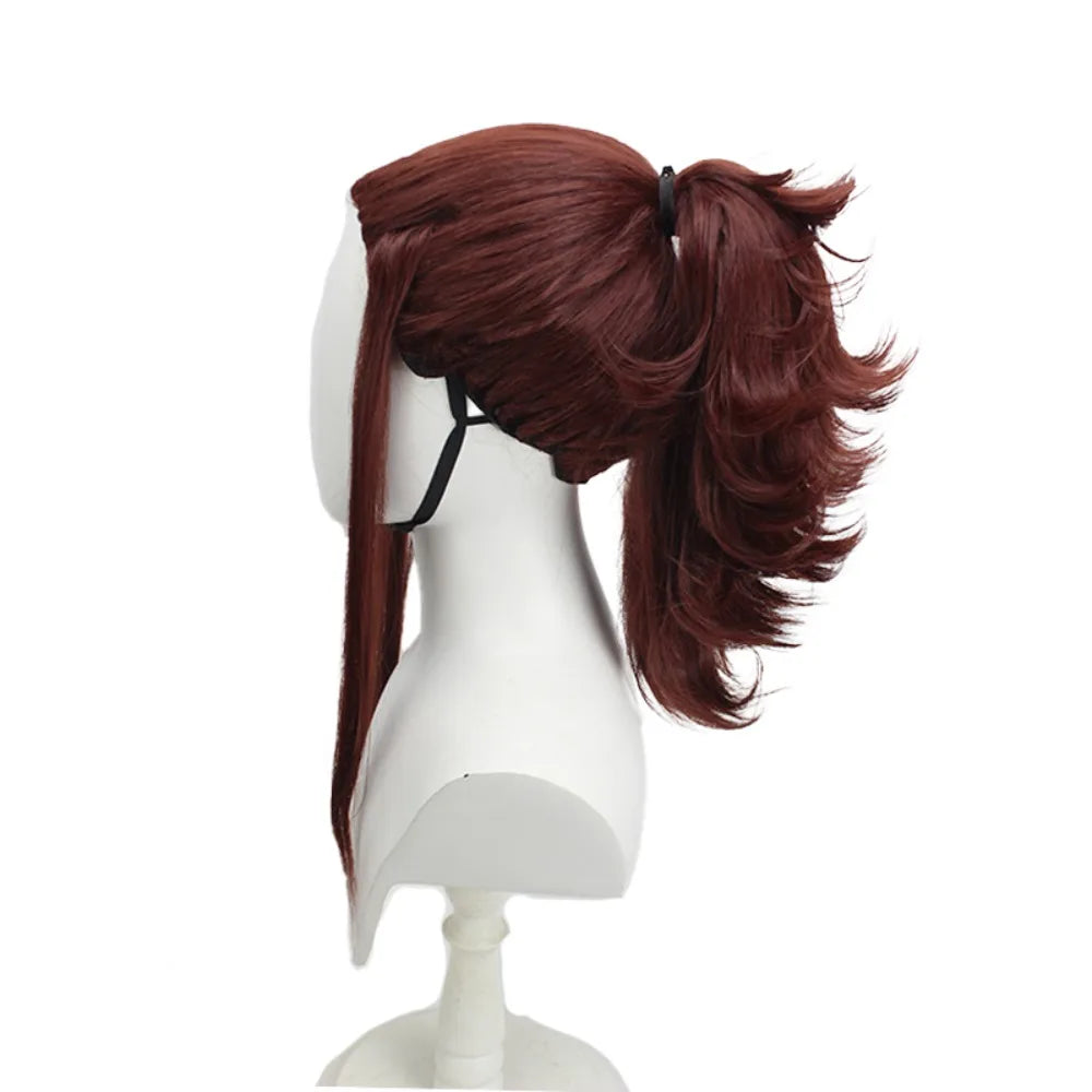 Perruque cosplay Akali de League of Legends, cheveux rouge vin, queue de cheval plaquée. 