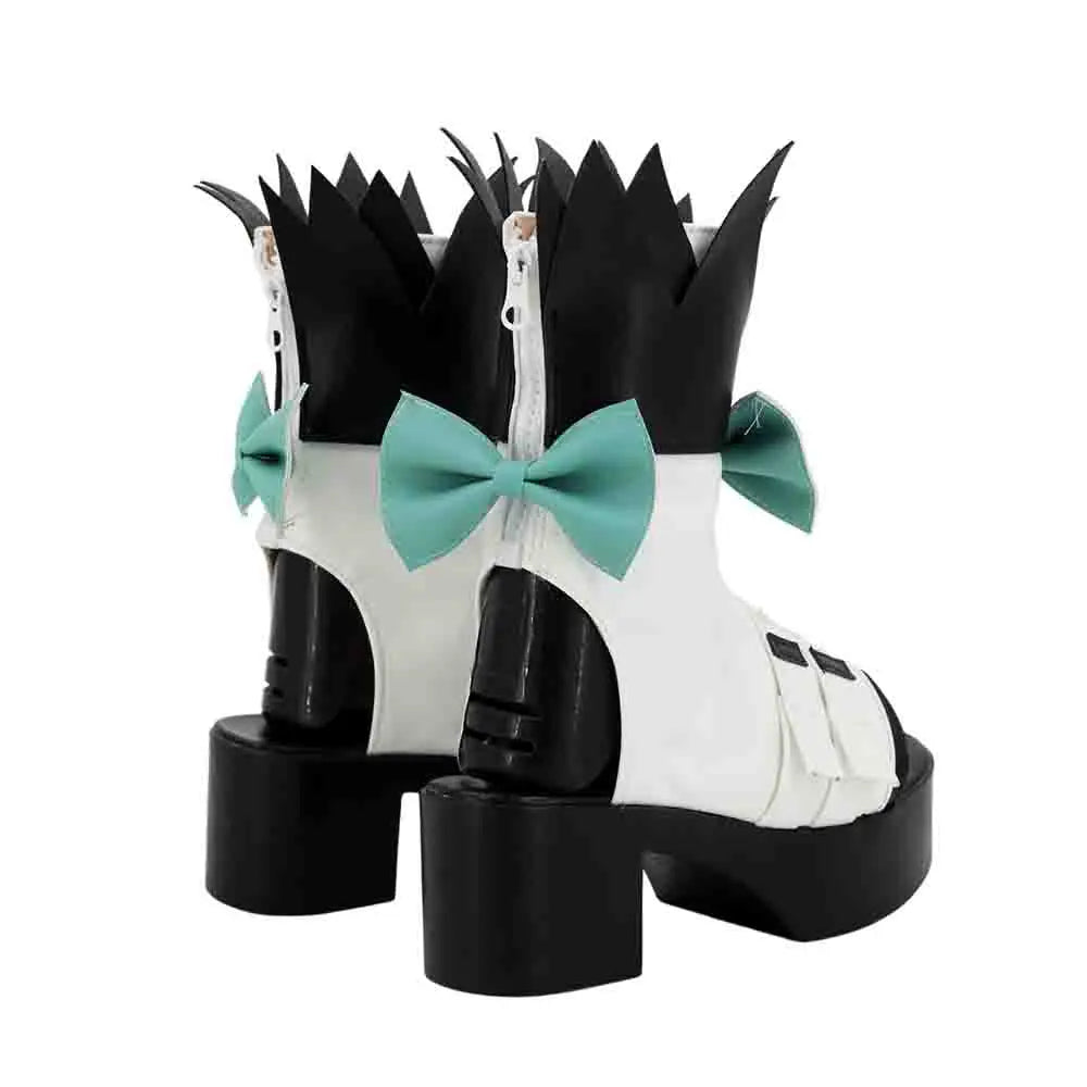 Cosplay boots with white uppers, teal bow at ankle, black spiked cuffs, chunky black block heels