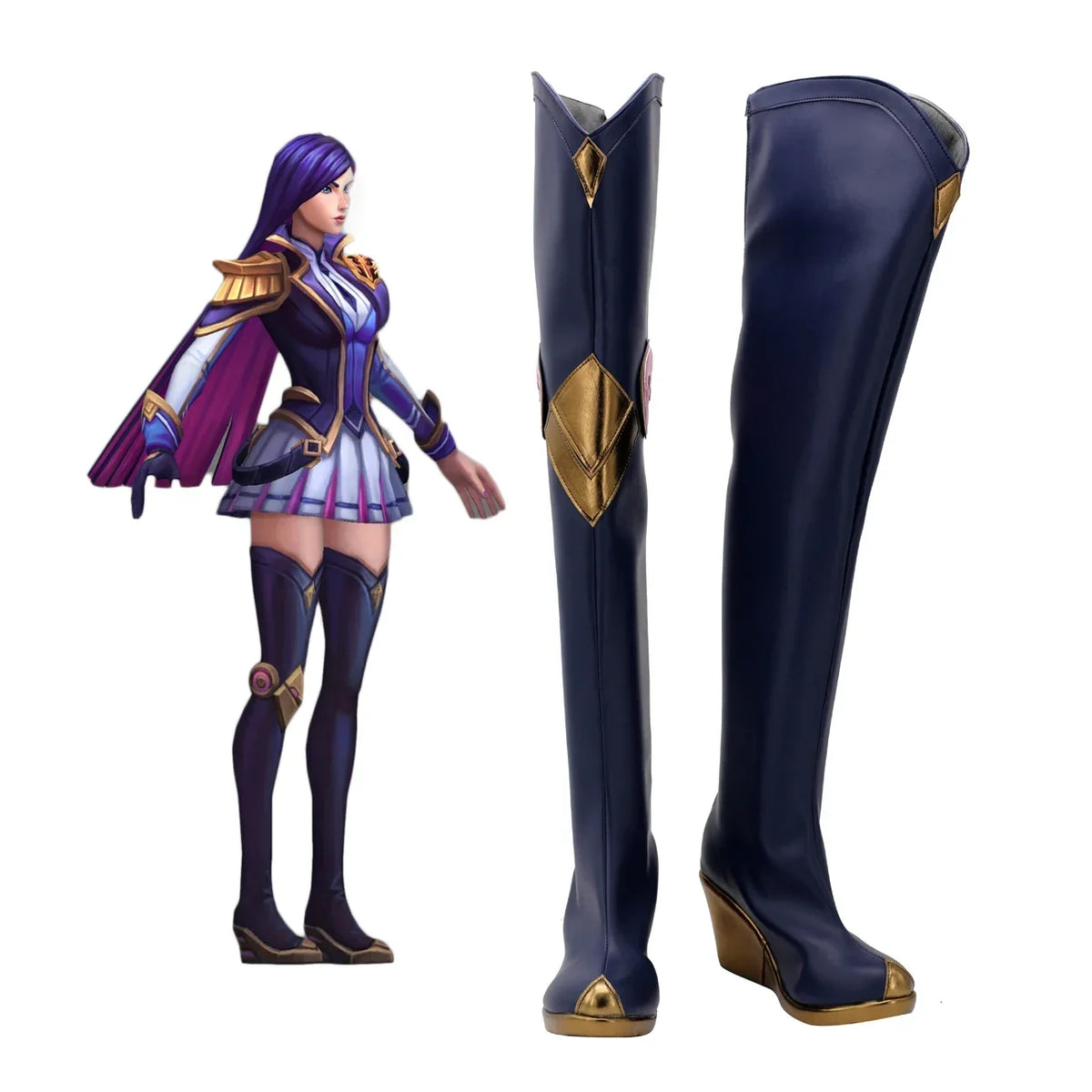 LOL Caitlyn Combat Academy Cosplay Boots Blue Wedge Heel Shoes