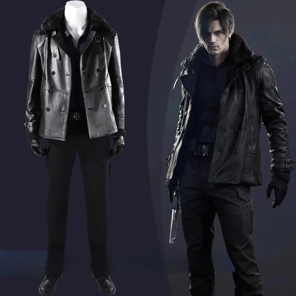 Resident Evil Biohazard Leon Kennedy Cosplay Costume Leather Jacket & Pants Full Set