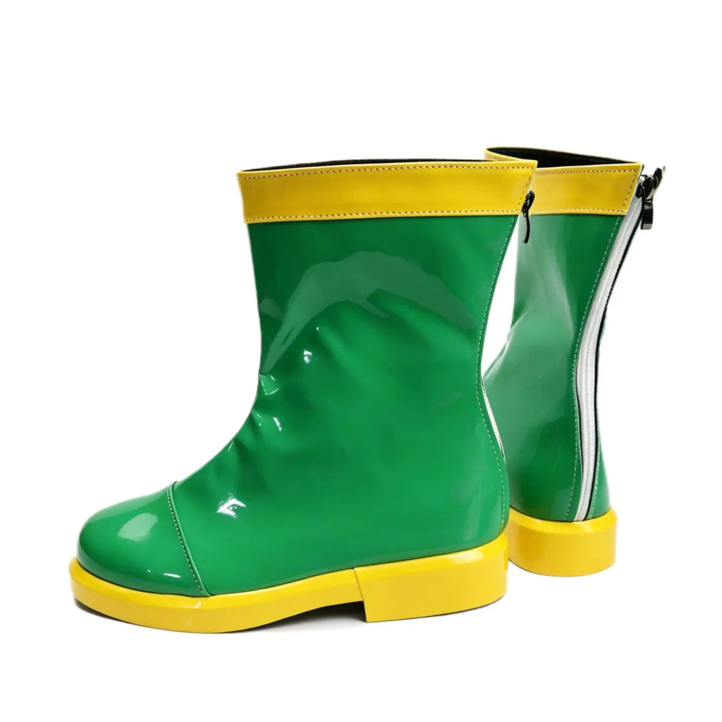 Pair of glossy green mid-calf boots with yellow sole; side zipper and pull tab