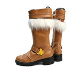 Brown knee-high cosplay boots with white faux-fur cuff, yellow bow, and chunky black outsole.