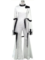 White long-sleeve cosplay dress with black shoulder straps and decorative waist ties