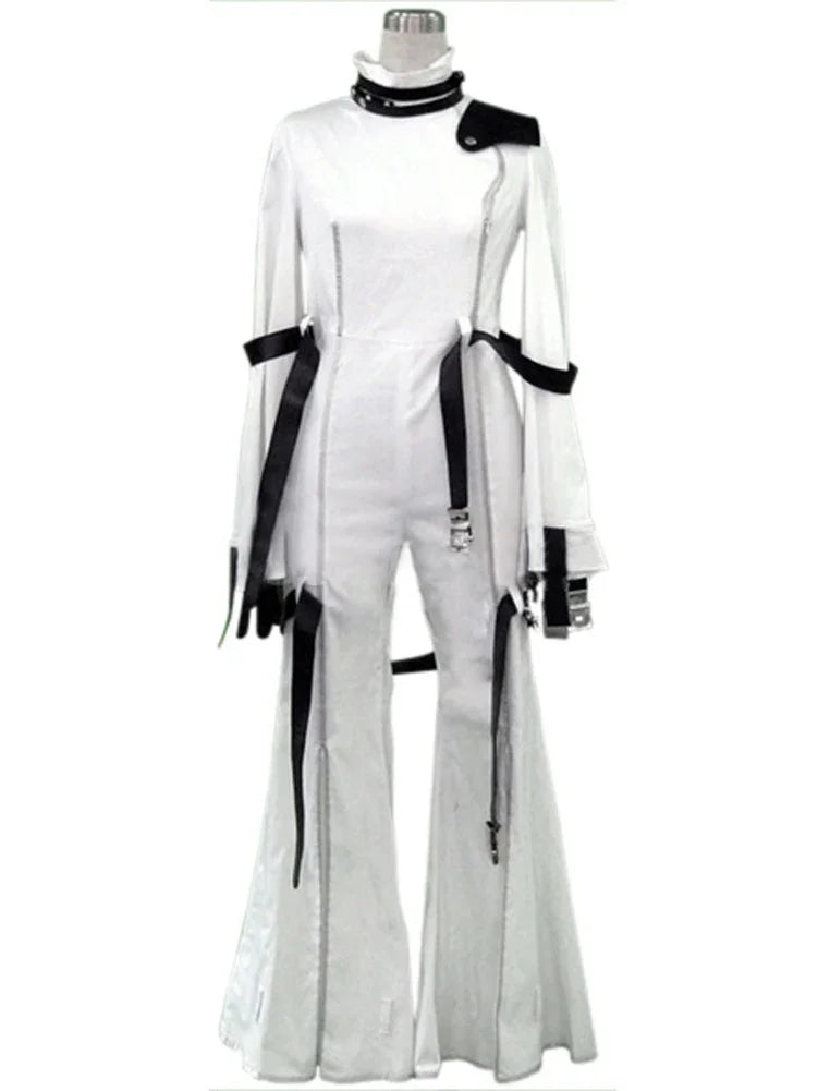 White long-sleeve cosplay dress with black shoulder straps and decorative waist ties