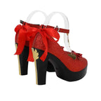 Red glitter high-heel cosplay shoes with bow ribbons, ankle strap, and platform sole