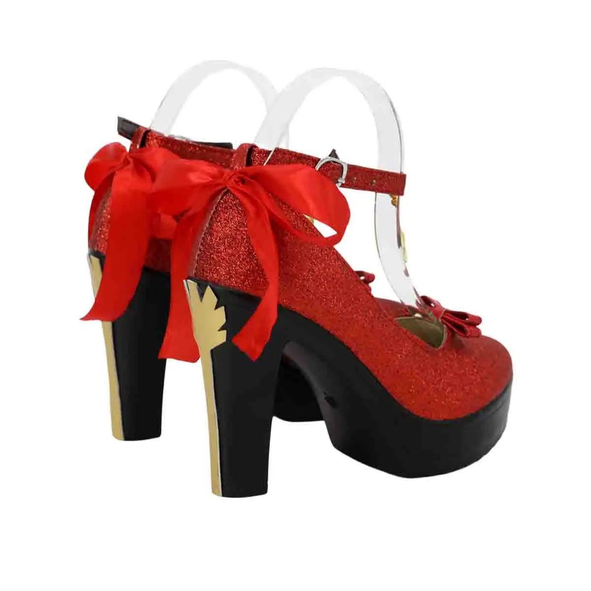 Red glitter high-heel cosplay shoes with bow ribbons, ankle strap, and platform sole
