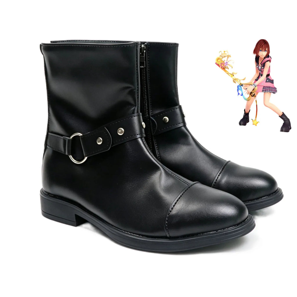 Black ankle cosplay boots with side zipper and wide belt strap with metal studs
