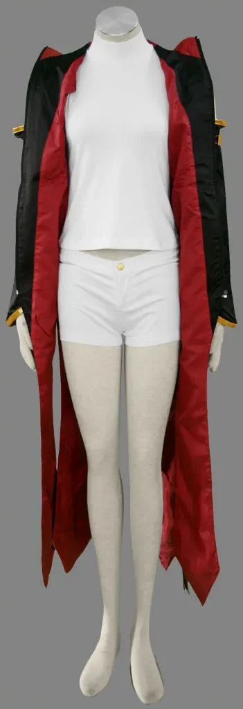 Cosplay outfit robe in black with red long panels and gold trim over white shorts