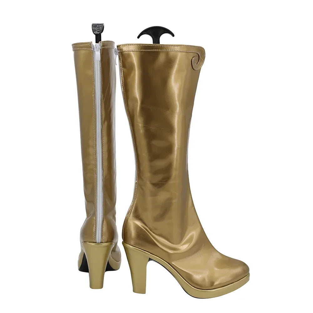 Princess of Power She-Ra Cosplay Boots Golden High Heel Shoes featuring shiny metallic gold finish, mid-calf height, side zipper closure, and sturdy block heels for cosplay costume use.