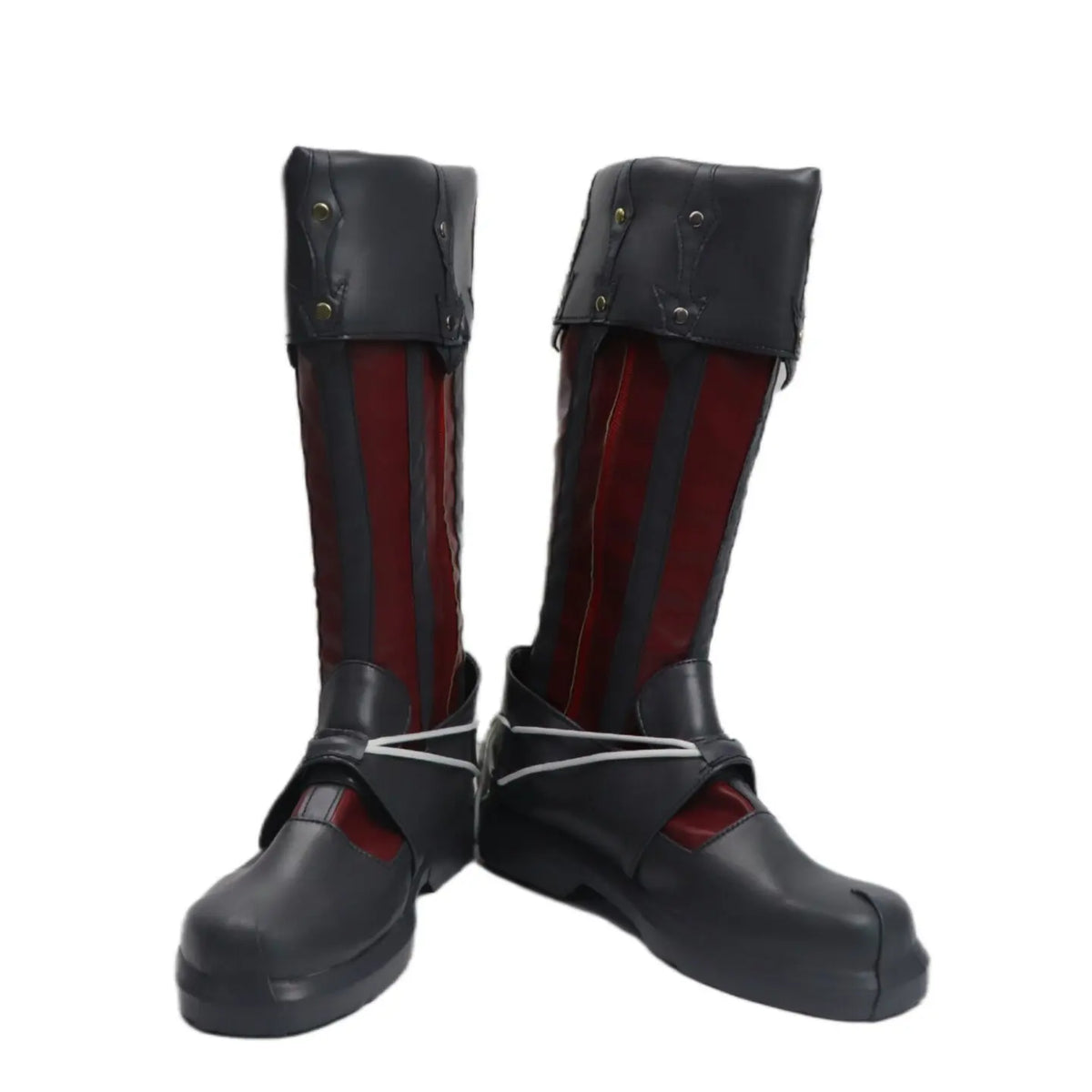 Baldur's Gate 3 Raphael Cosplay Boots Tiefling Demon Custom Made Shoes in black and red with tall shafts folded cuffs and fantasy styling