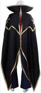 Black cosplay cape/coat with tall collar and gold geometric trim, split front