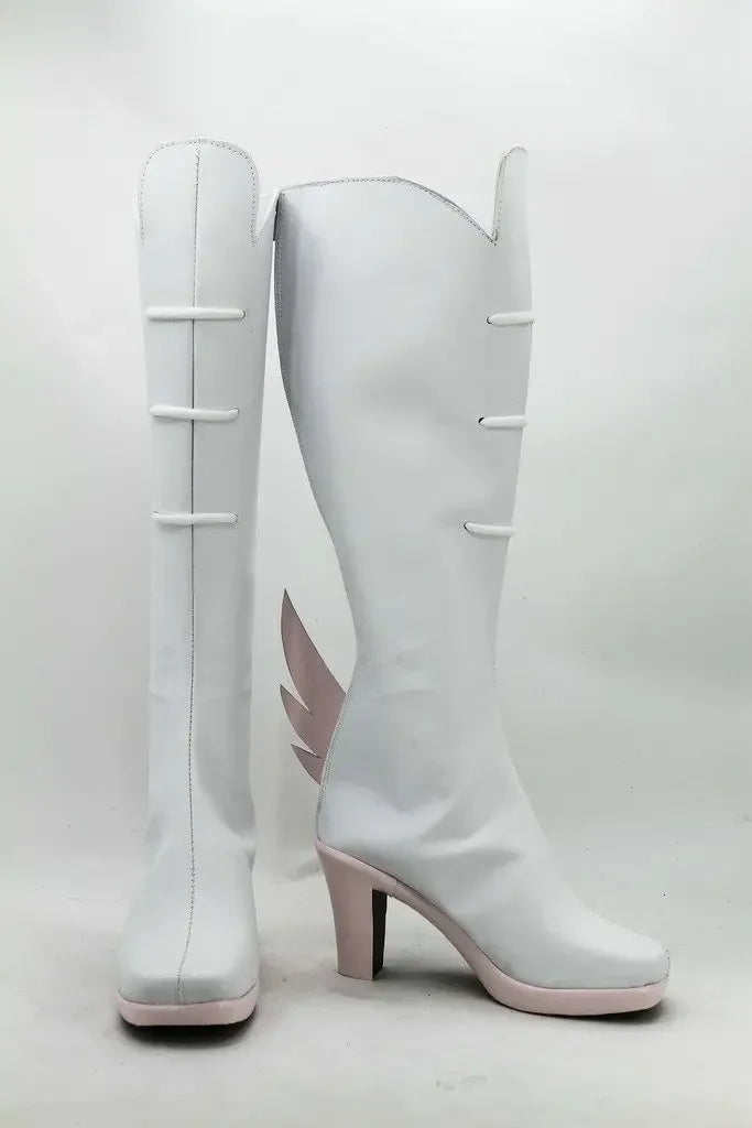 White cosplay knee-high boots with pink side inserts and block heel
