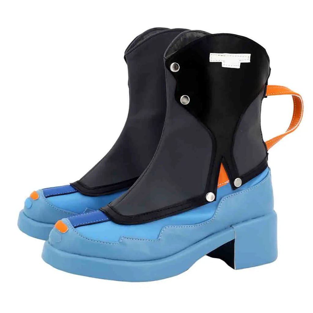 Black and light-blue ankle cosplay boots with orange strap, padded collar, block heel