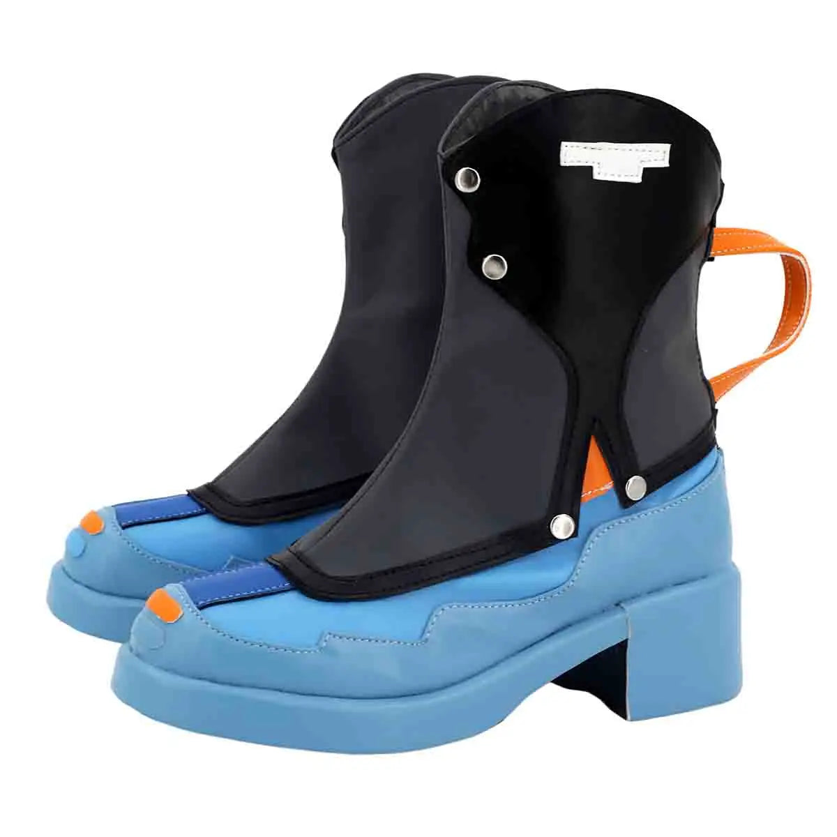 Black and light-blue ankle cosplay boots with orange strap, padded collar, block heel