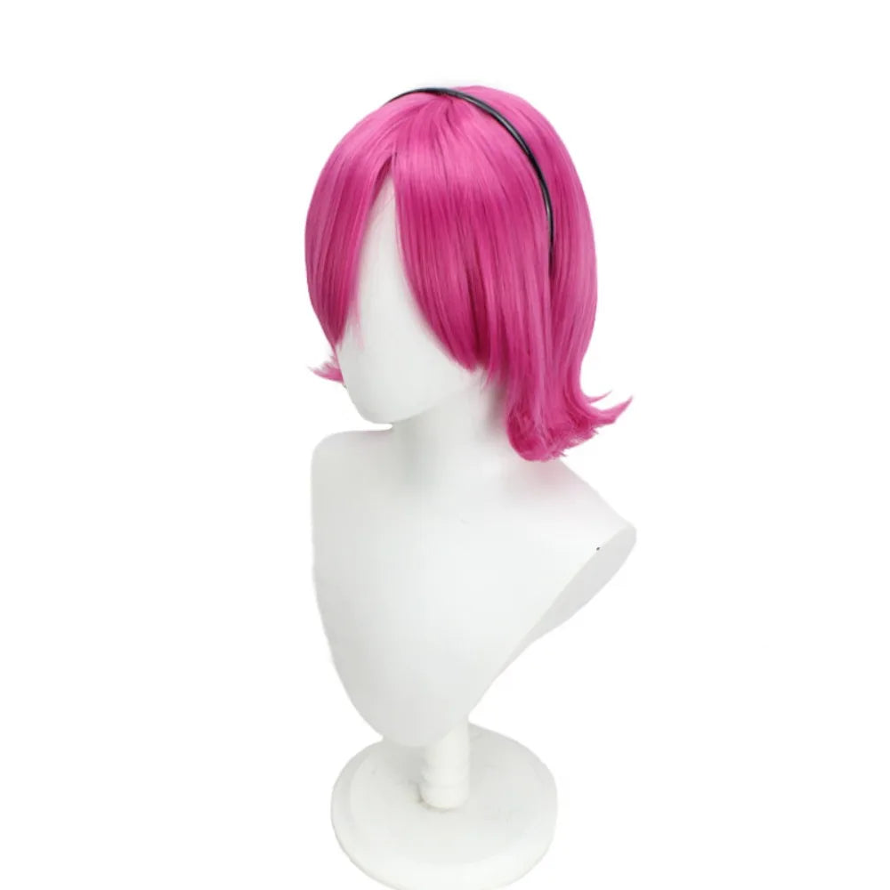 Rose-pink cosplay wig, shoulder-length bob with side part; side view on mannequin