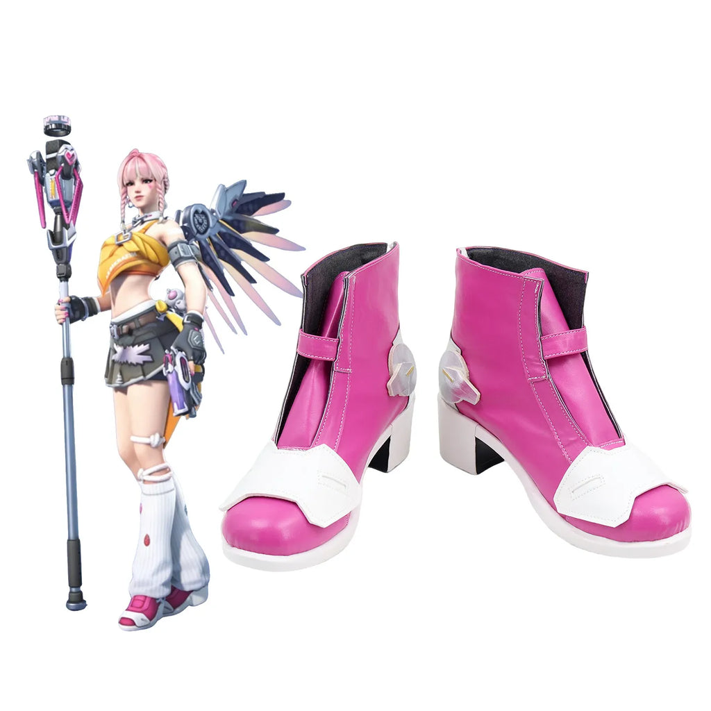 Overwatch Mercy Cosplay Boots Pink Shoes High Heel
