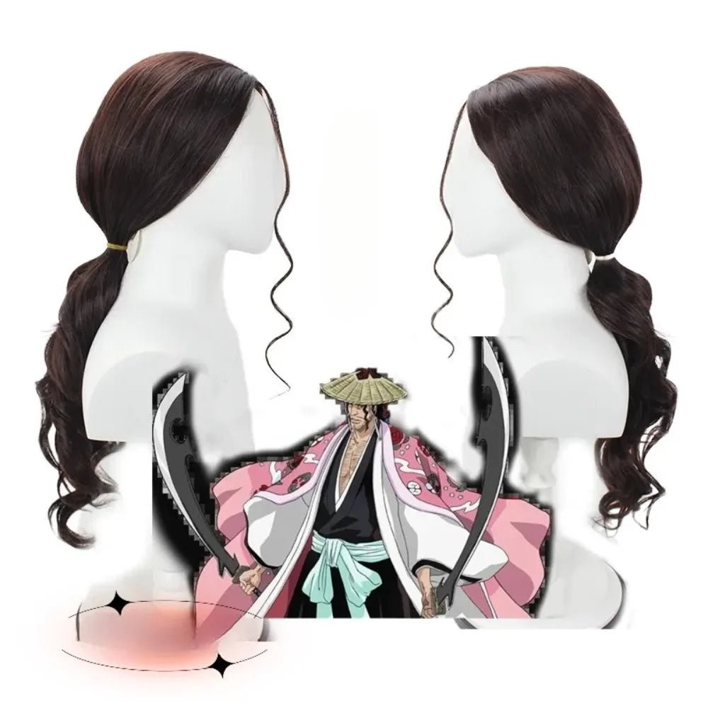 Perruque de cosplay du capitaine Kyoraku Shunsui de Bleach, style anime, cheveux bruns ondulés 