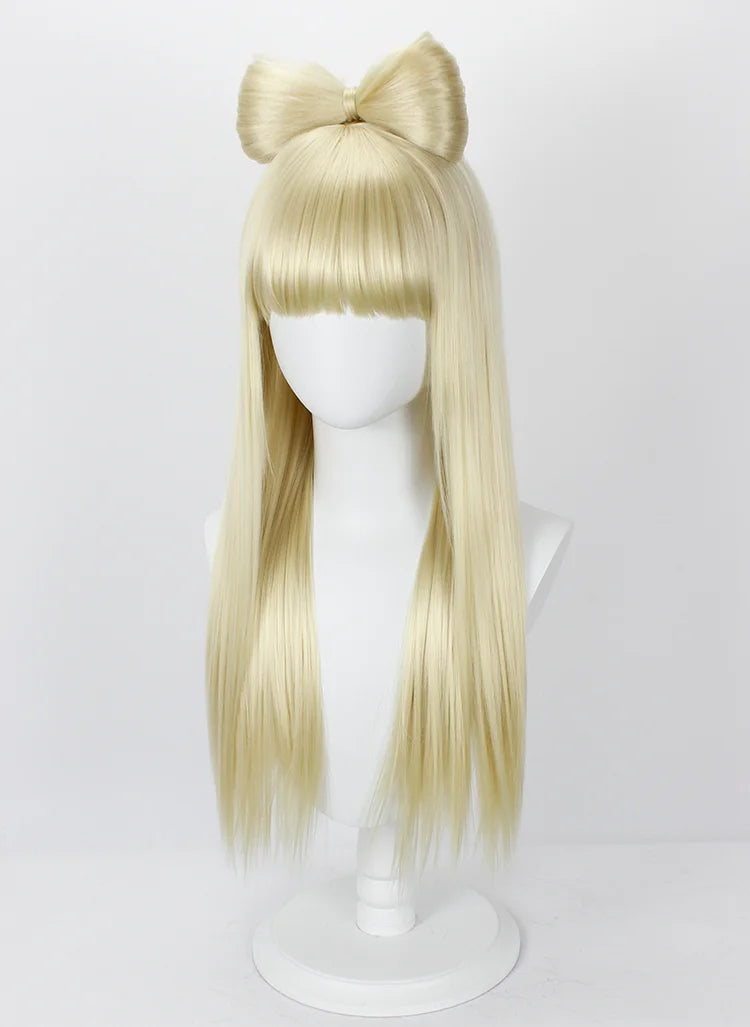 Perruque blonde lisse et longue de Lady Gaga avec nœud, accessoire de cosplay classique pour soirées. 