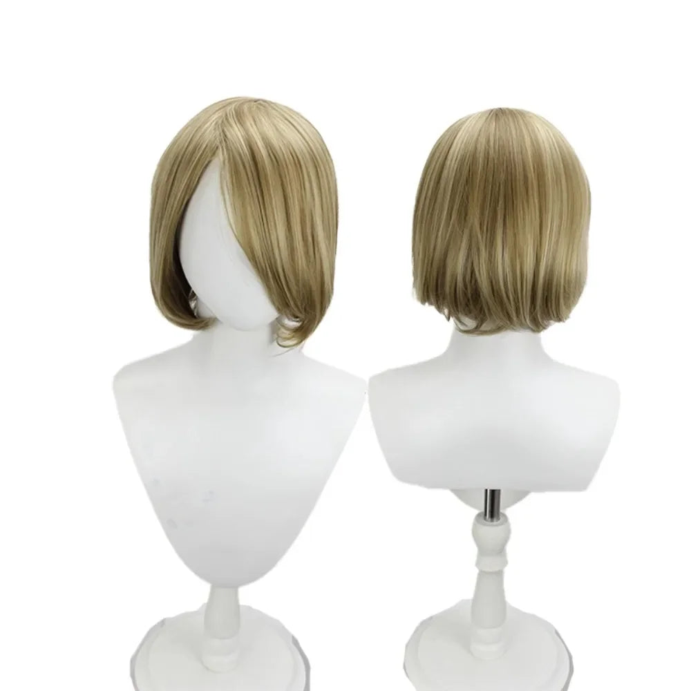 Blonde synthetic cosplay wig, shoulder-length bob with side part and straight strands