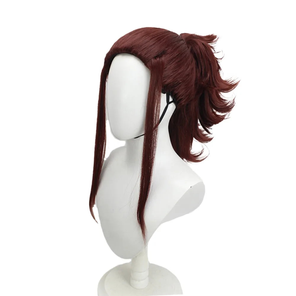 Perruque cosplay Akali de League of Legends, cheveux rouge vin, queue de cheval plaquée. 
