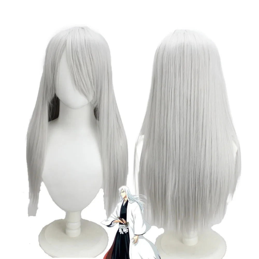Perruque de cosplay de Jushiro Ukitake (Bleach) - Cheveux longs, gris argenté et raides 