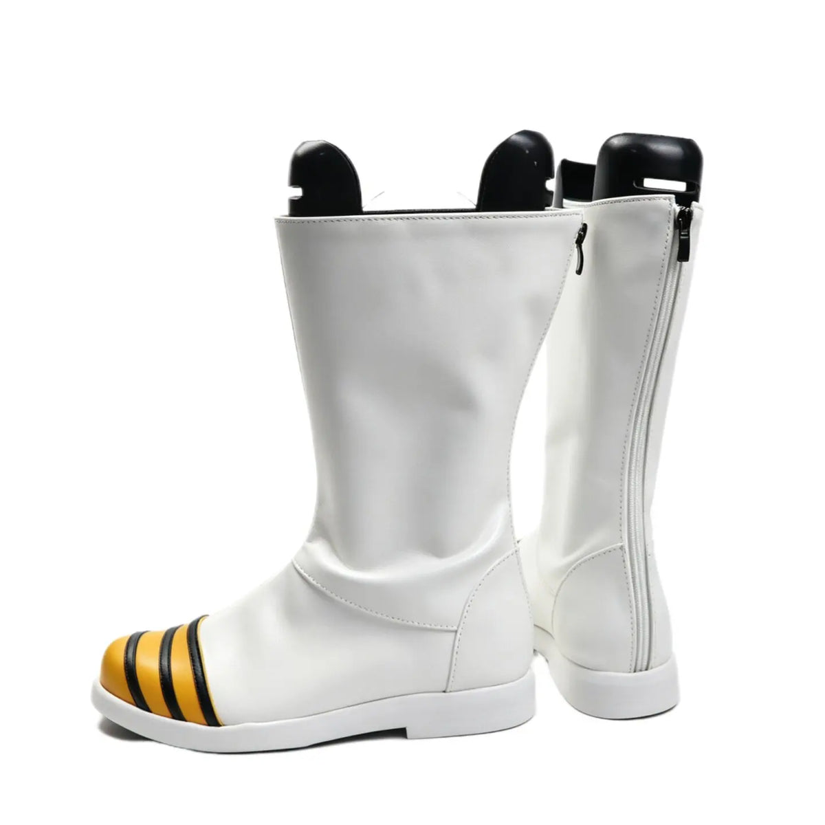 Dragon Ball Vegeta Cosplay Boots White Shoes Custom Made featuring white anime cosplay shoes with black and yellow toe accents and rear zipper