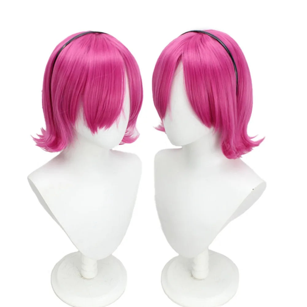 Rose-pink cosplay wig, straight bob with bangs; black wig cap shown on sides