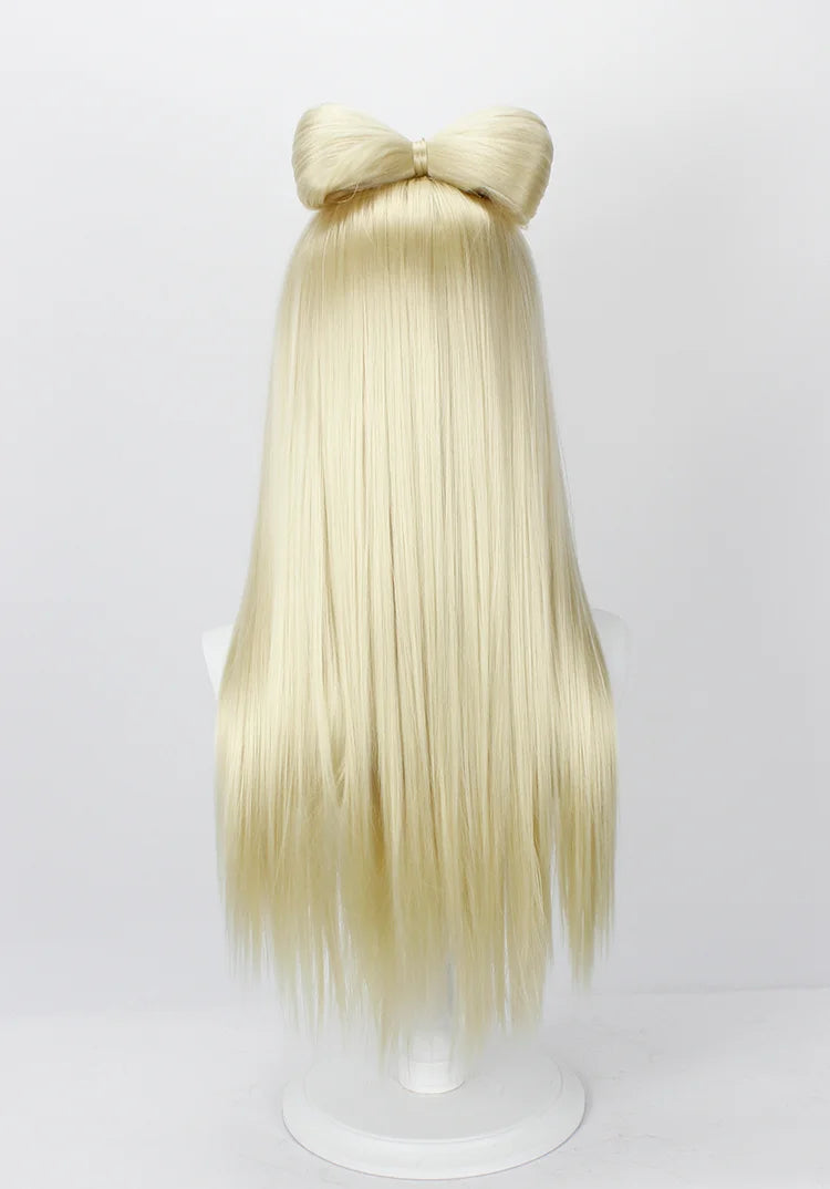 Perruque blonde lisse et longue de Lady Gaga avec nœud, accessoire de cosplay classique pour soirées. 