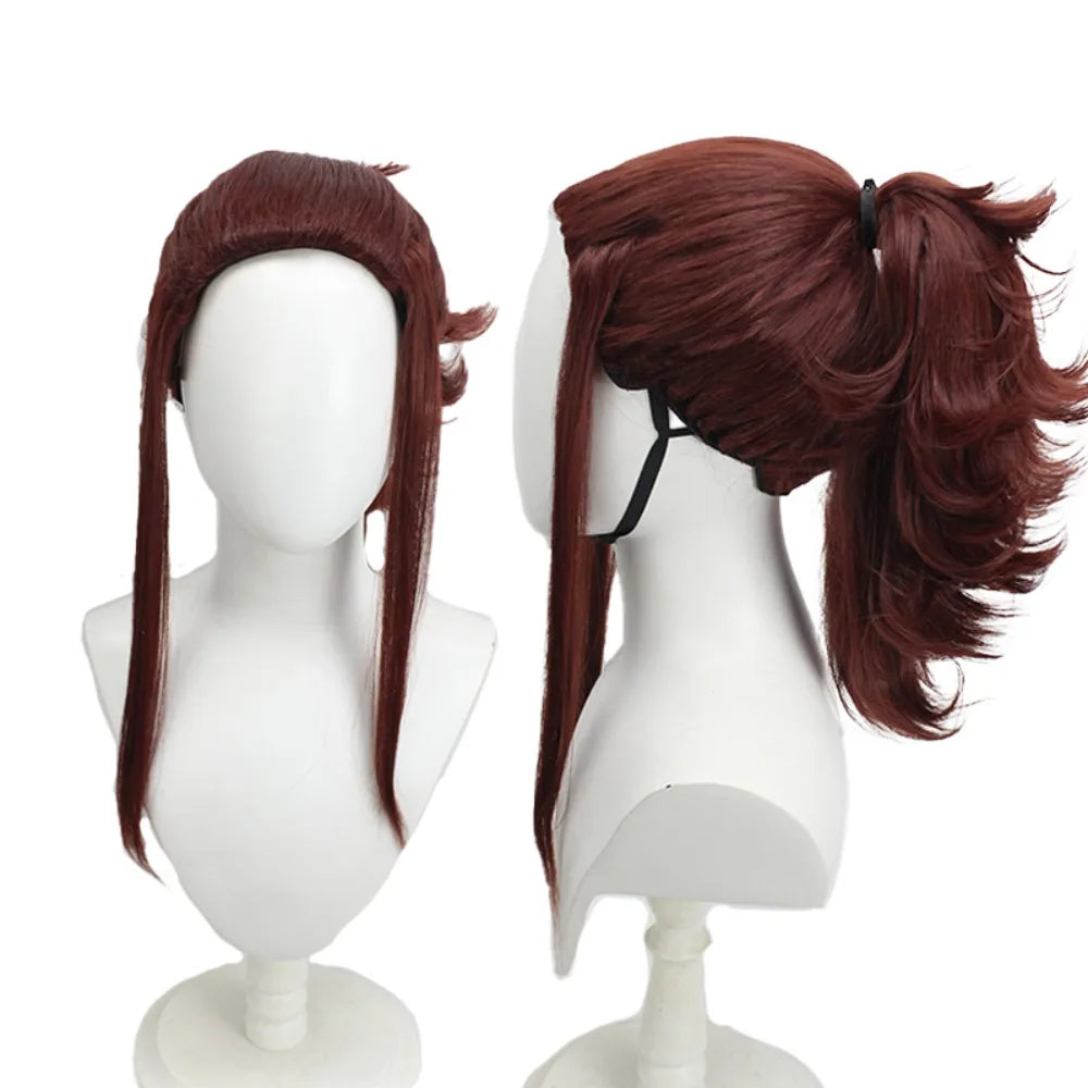Perruque cosplay Akali de League of Legends, cheveux rouge vin, queue de cheval plaquée. 