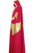 Pink and gold long side cape panel with gold swirl accents on a knight dress