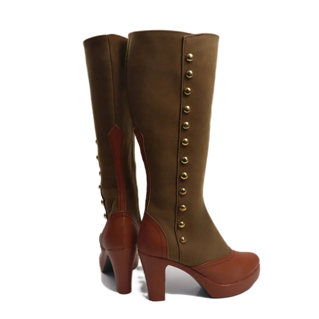 Brown knee-high cosplay boots with gold-button trim, side cutout, and high heel
