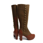 Brown knee-high cosplay boots with gold-button trim, side cutout, and high heel