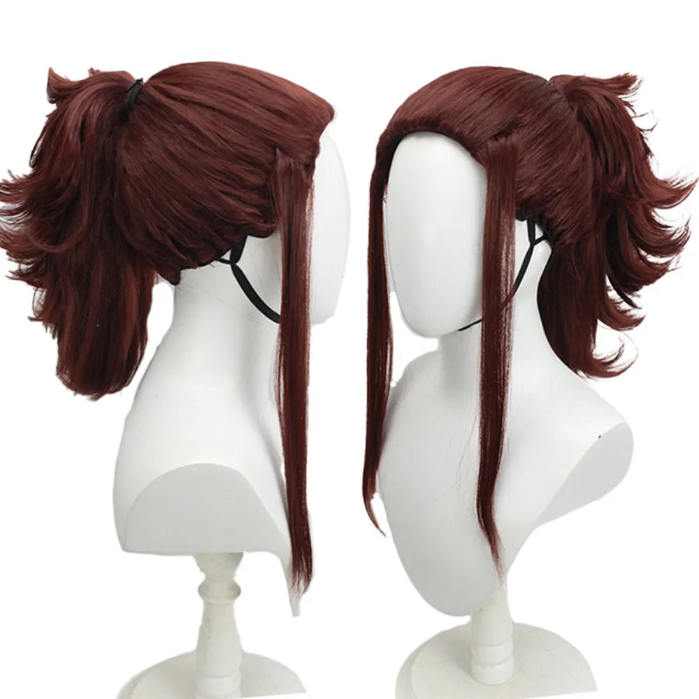 Perruque cosplay Akali de League of Legends, cheveux rouge vin, queue de cheval plaquée. 