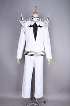 White cosplay costume with black chest tie, silver spike collar, and layered shoulder plates