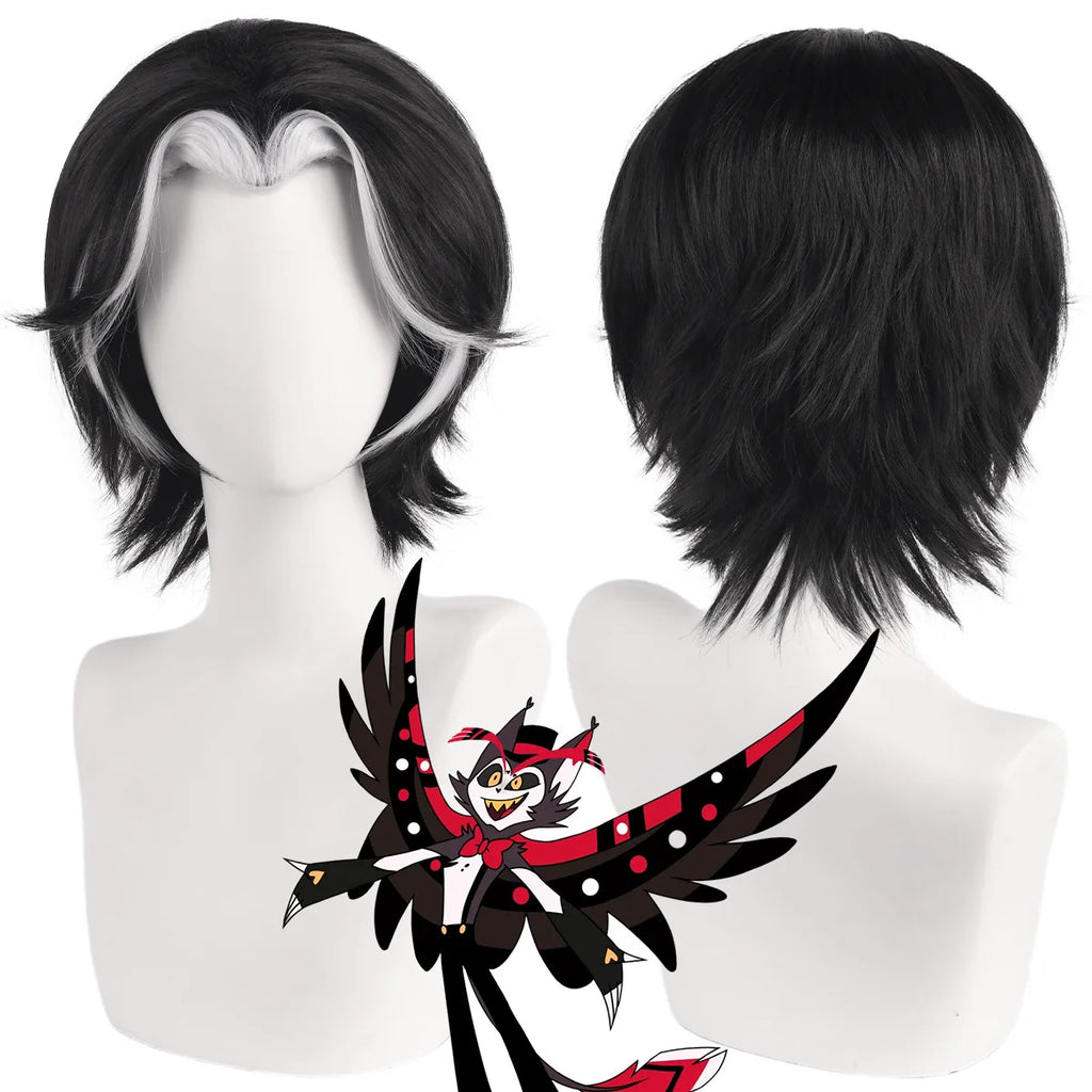 Perruque cosplay Husk de Hazbin Hotel, mèches noires et blanches, cheveux relevés