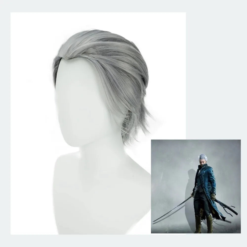 Perruque de cosplay Vergil de Devil May Cry 5, cheveux courts argentés en pointes 