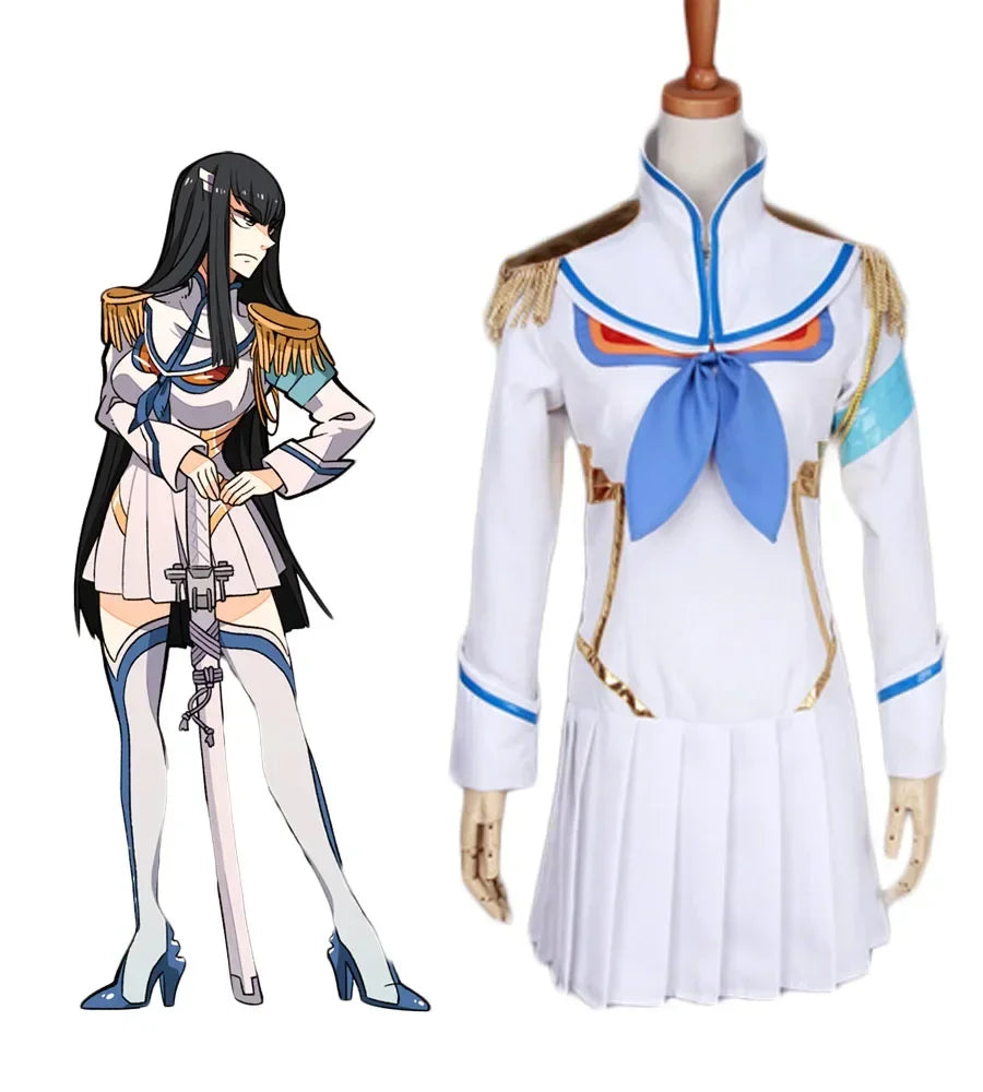 White cosplay dress with blue trim, bow neckline, gold accents and fringe shoulders