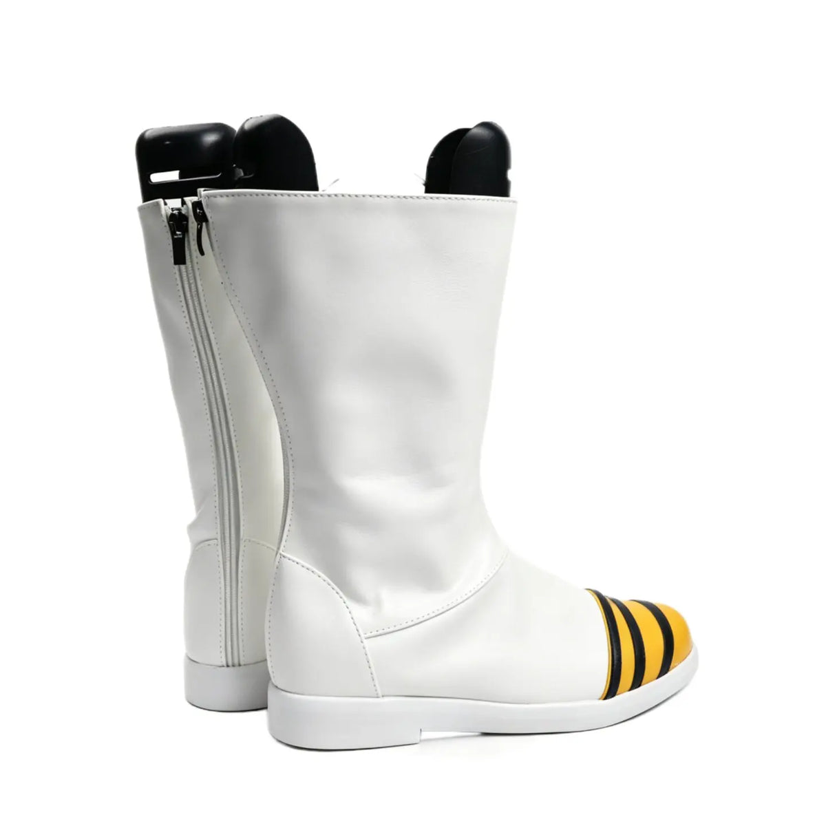 Dragon Ball Vegeta Cosplay Boots White Shoes Custom Made white boots with side zippers and yellow striped accents for anime cosplay outfits