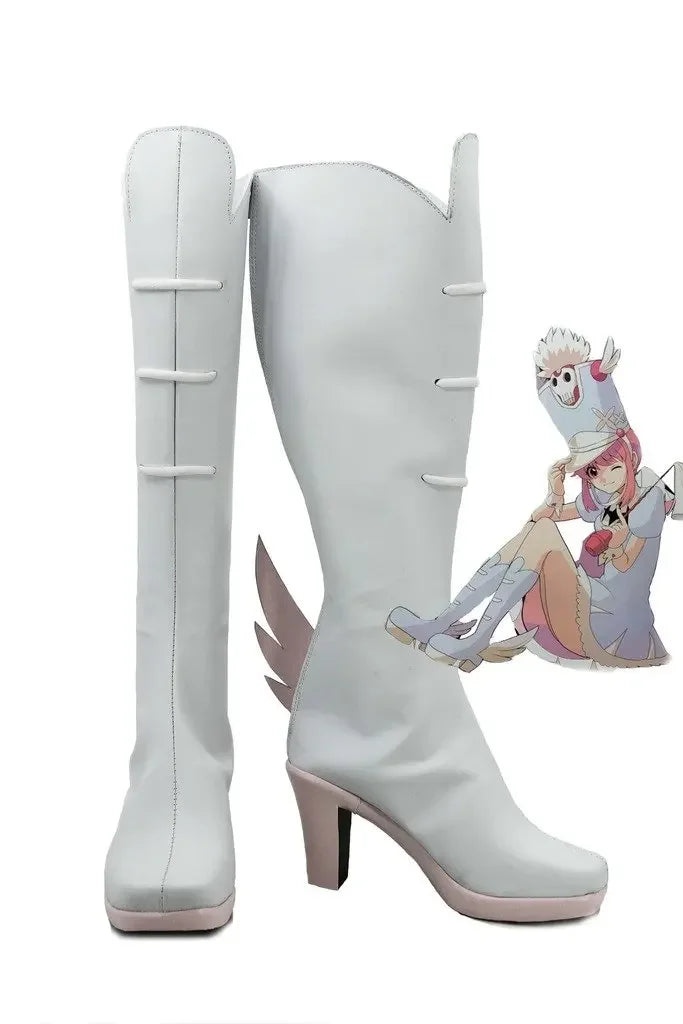 White cosplay knee-high boots with pink side accents and block heel