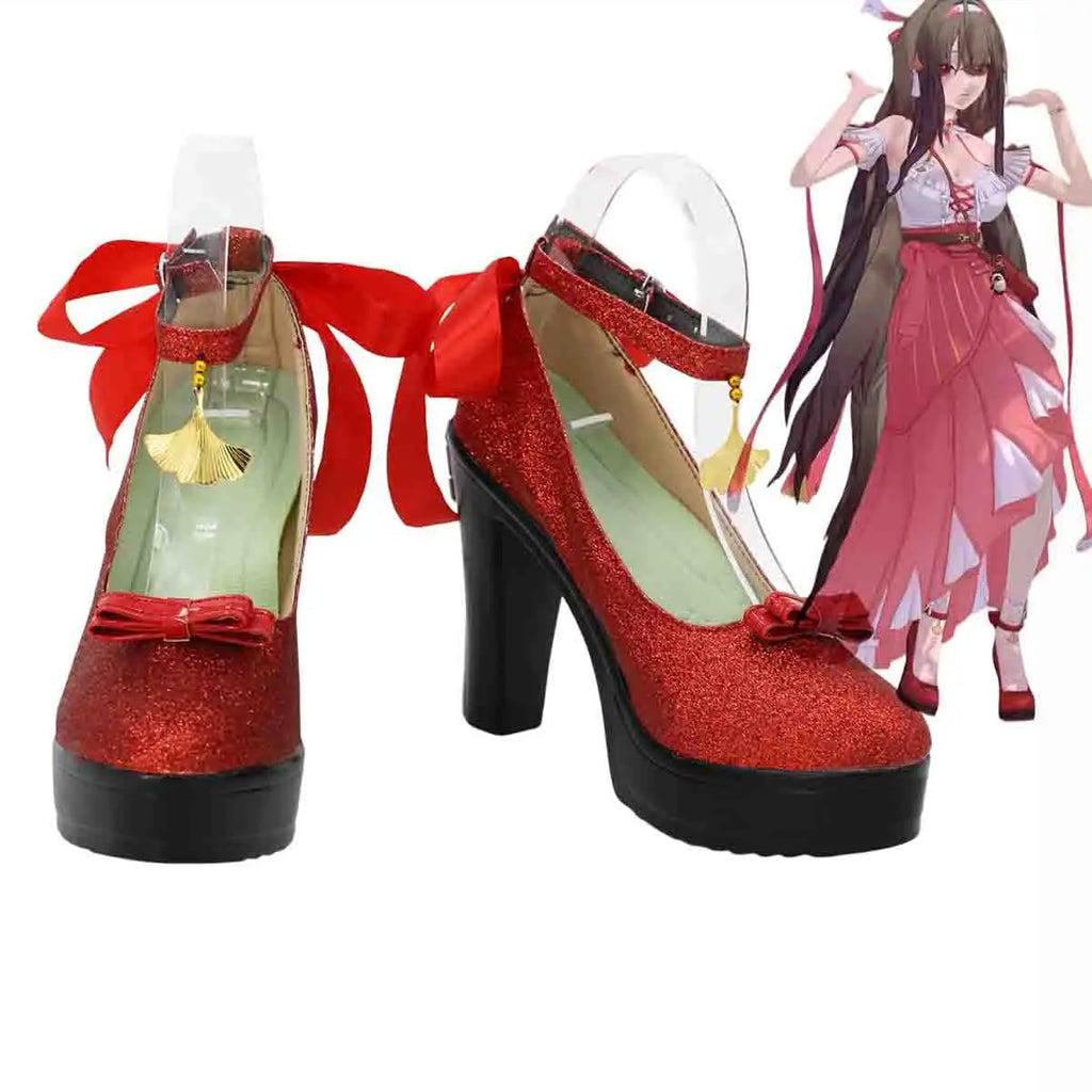 Red glitter Mary Jane cosplay boots with black platform sole and ankle straps