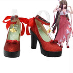 Red glitter Mary Jane cosplay boots with black platform sole and ankle straps