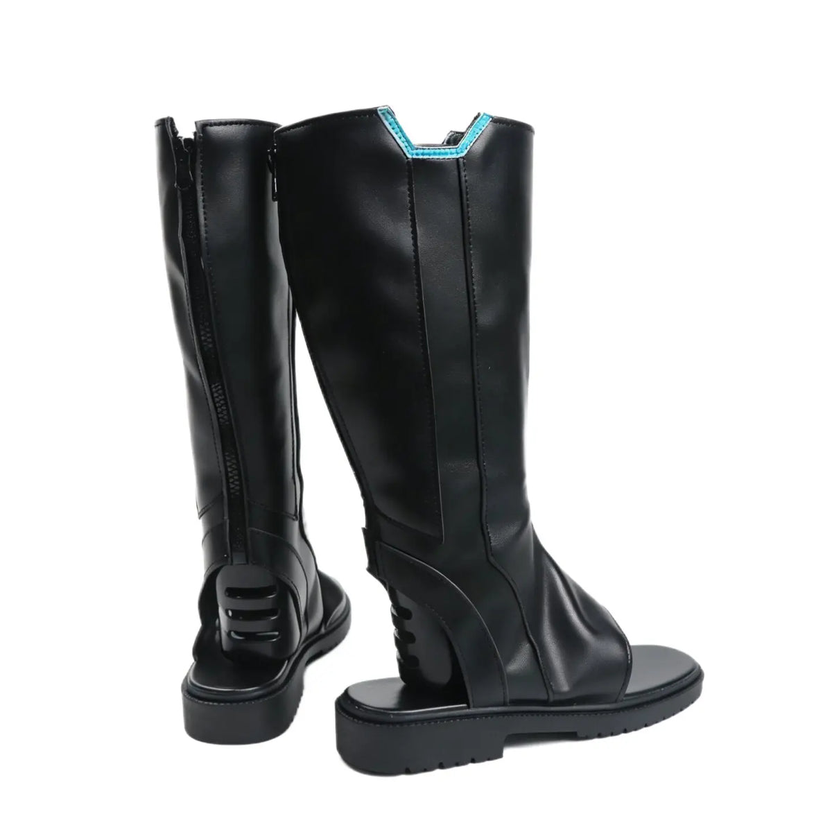 Black tall boots with open-toe straps, buckles, and blue-trim collar