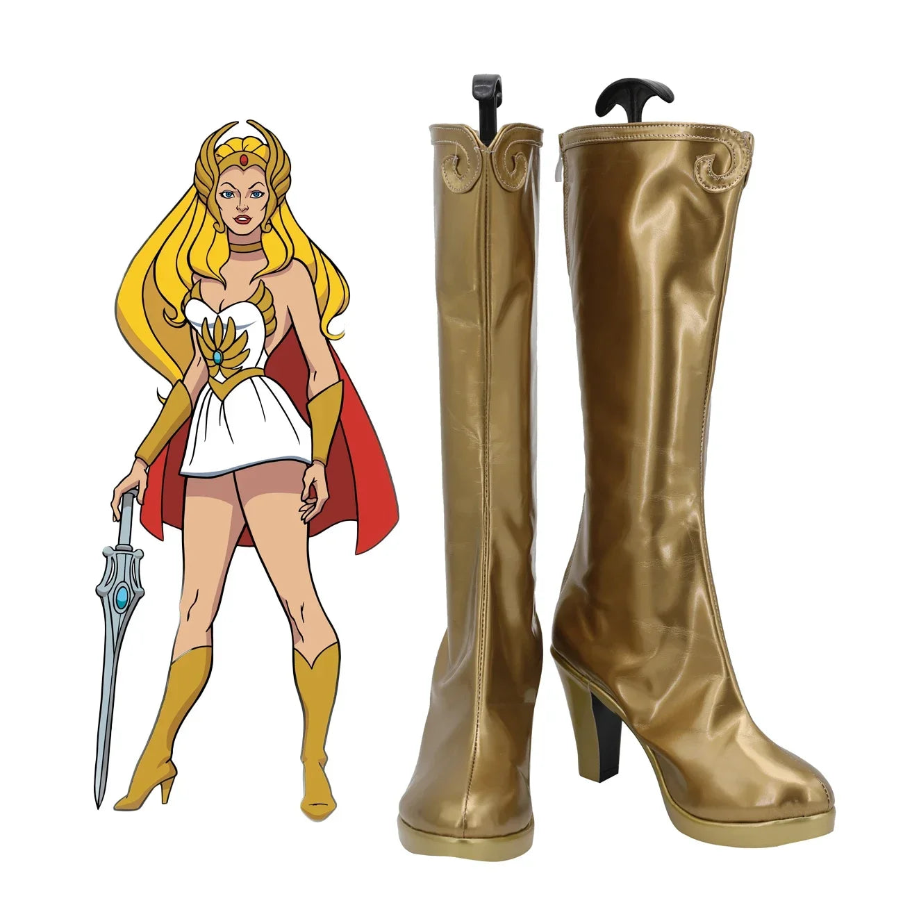 Princess of Power She-Ra Cosplay Boots Golden High Heel Shoes displayed next to an illustration of She-Ra wearing matching golden footwear and costume.