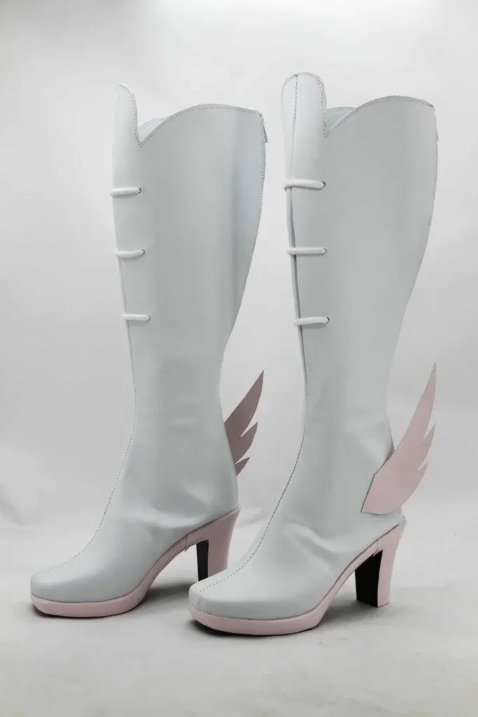 Pair of white cosplay knee-high boots with pink flame panels and block heels